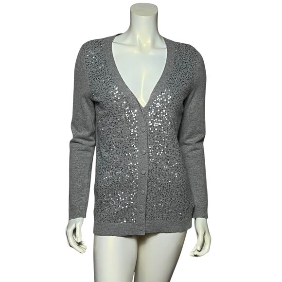 Talbots Gray Wool Blend Sequin Button Front Cardigan Sweater Size M - Picture 1 of 11